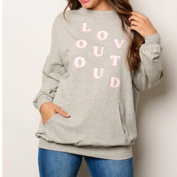 Tops - Gray Sweatshirt with Pink Lettering